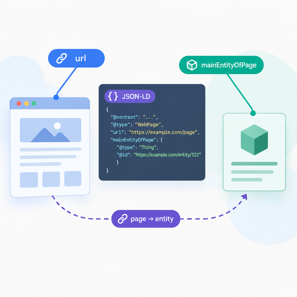 AI 생성 설명 이미지: GEO 세팅 해주는곳 AI SGAEO | JSON-LD에서 url과 mainEntityOfPage 구분하기
